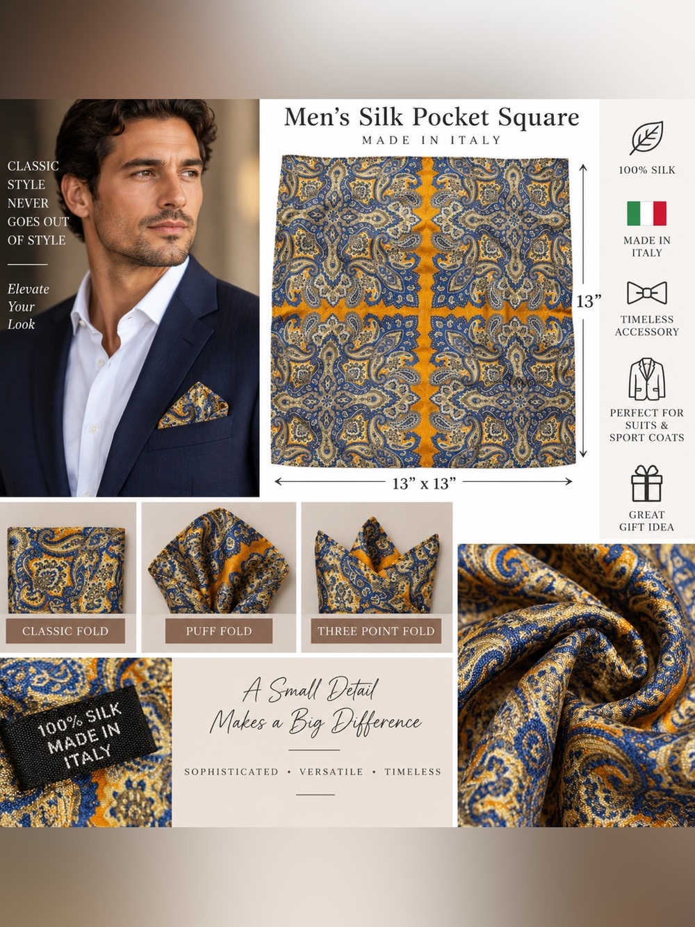 Men’s 100% Silk Pocket Square Paisley Blue Gold Orange Made in Italy 13x13